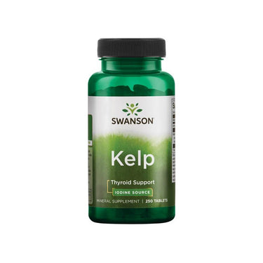 A green bottle of Swanson's Kelp - Iodine Source, containing 250 tablets, is labeled to support thyroid health.